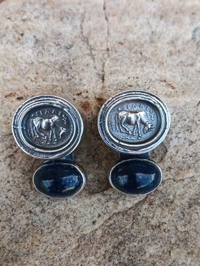 REBECCA COLLINS 925 ANCIENT APIS BULL COIN EARRINGS